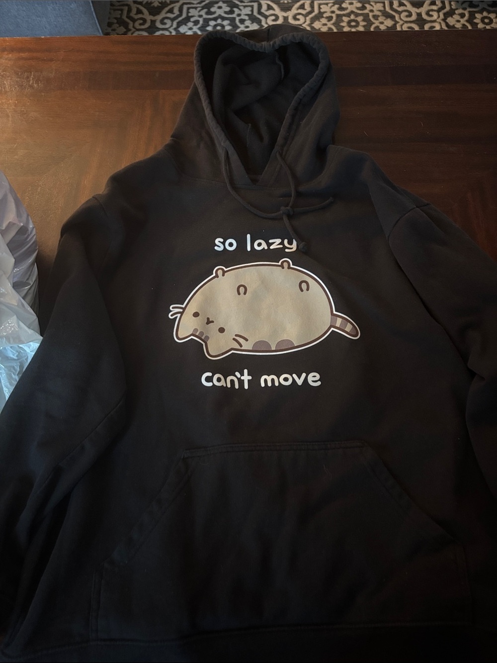 Pusheen Black Hoodie with Beige Cat Graphic
